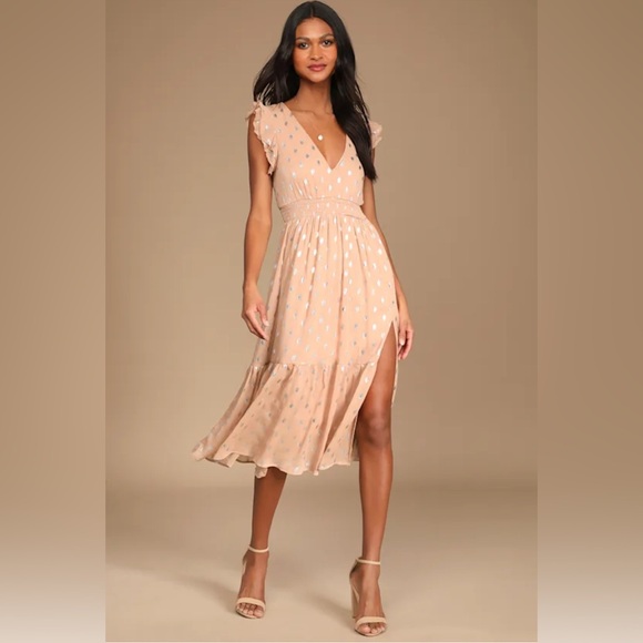 Elegant Tan Polka Dot Dress - Picture 1 of 8